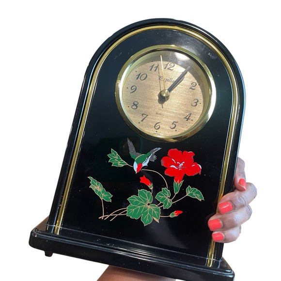 Vintage 1980s Papillon Quartz Mantel Table Clock Black Lacquer Clock Dome Shape - Picture 2 of 12